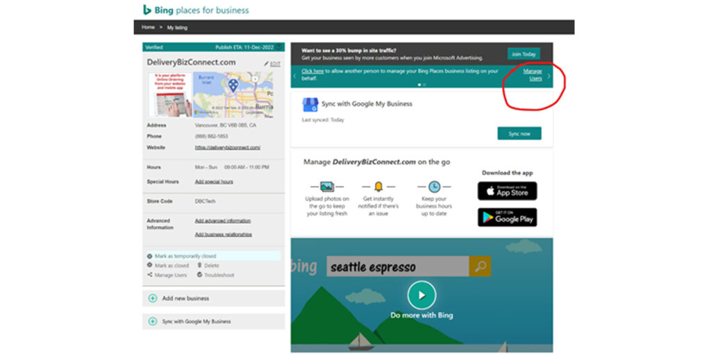 Bing Places for Business Profile - Click Manage Users and Add