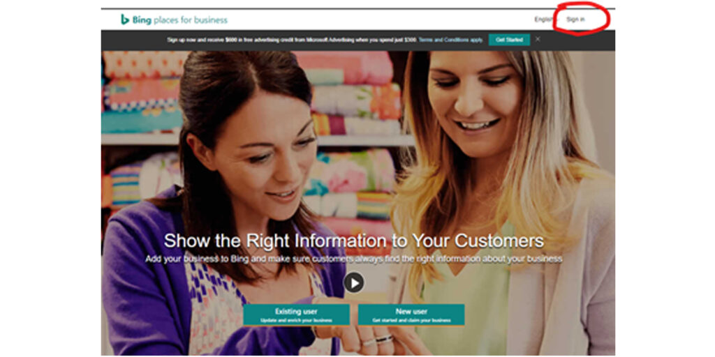 Bing Places for Business Profile - Signin